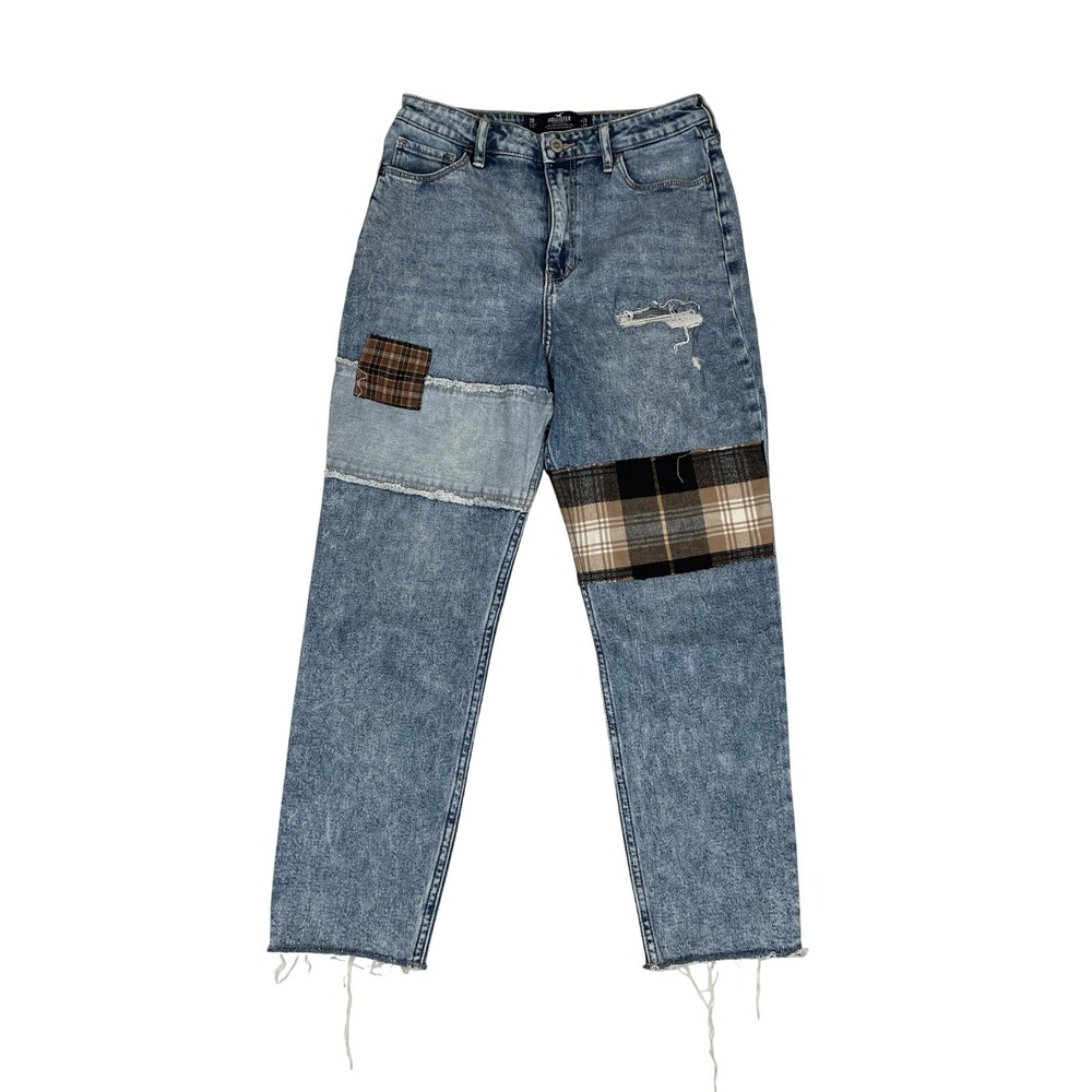 Hollister Jeans Juniors 7R W28 L27 Blue High-Rise Mom Patchwork Distressed Plaid